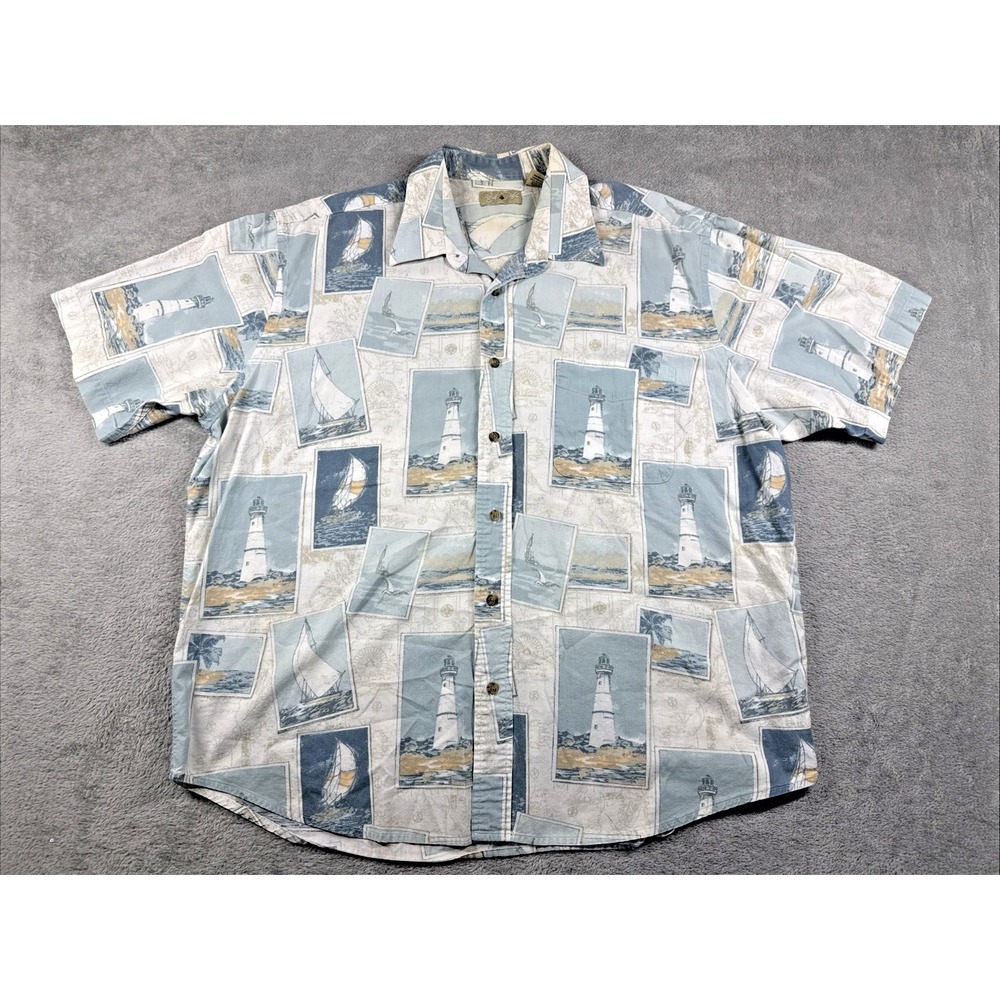 Royal Palm Men's Sailboat/Island Print Button-Up Short Sleeve Shirt‎ Size XL